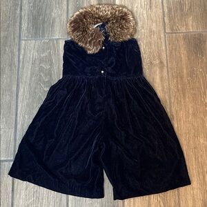 Janie & Jack Navy Velvet Romper w/ Brown Faux Fur Collar. 12-18 mos. Sleeveless